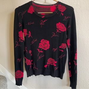 NINA RICCI Knit Rose Floral Long Sleeve Crew Neck Signature Top